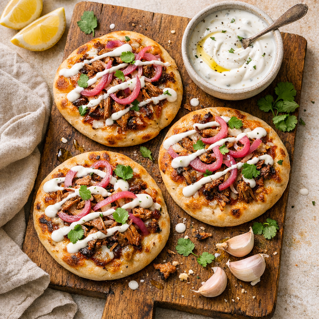 Småpizzor med pulled pork och vitlöksyoghurt