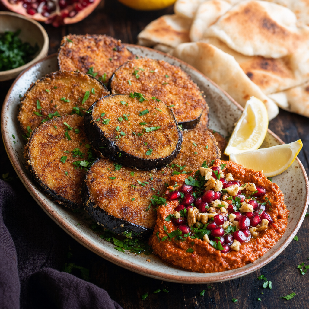 Panerad aubergine med paprikaröran Muhammara