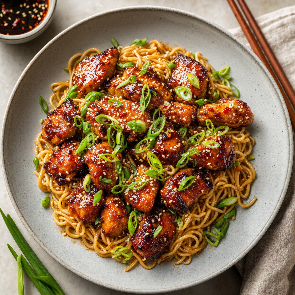 Sticky chicken med sesamnudlar