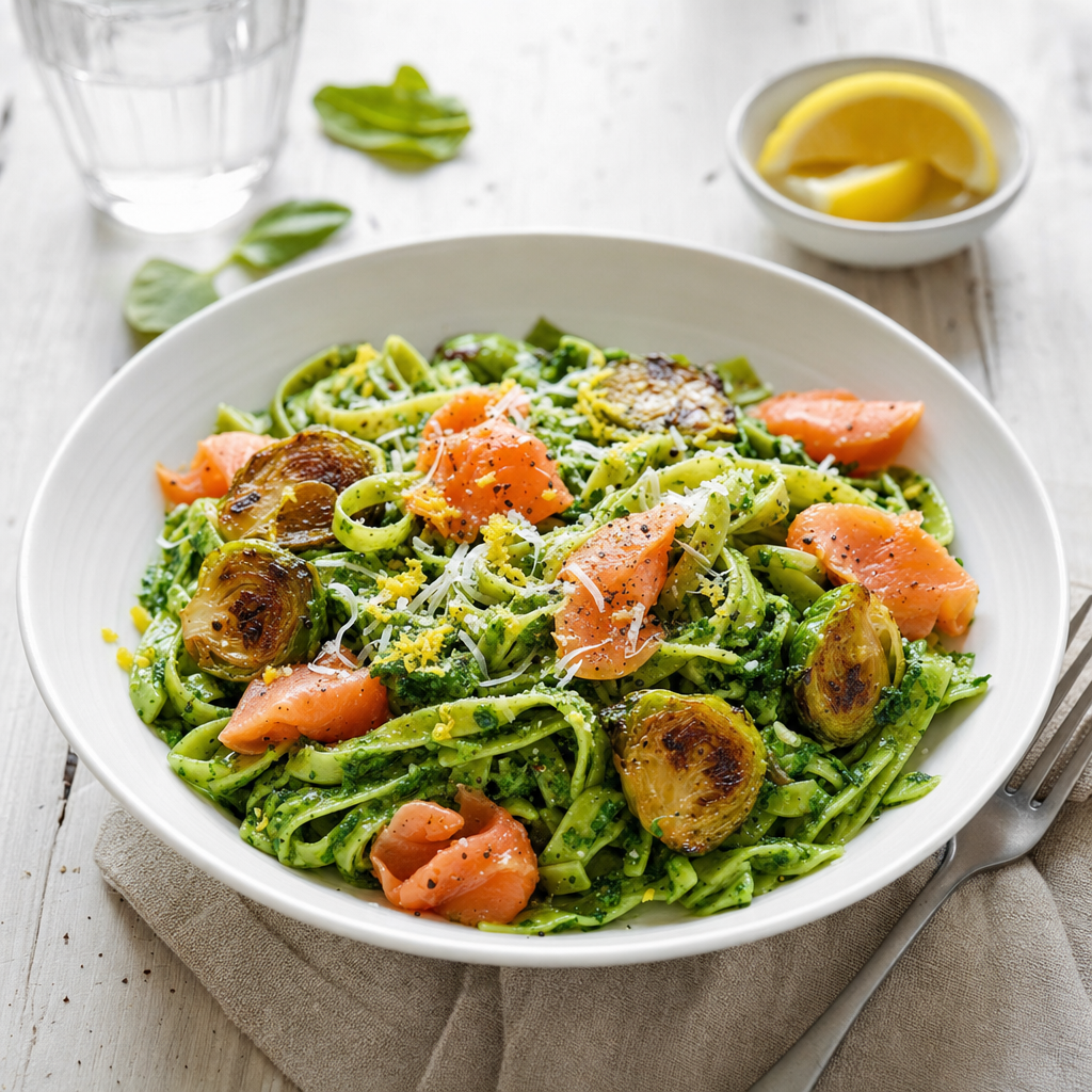 Spenatpasta med rökt lax och brysselkål