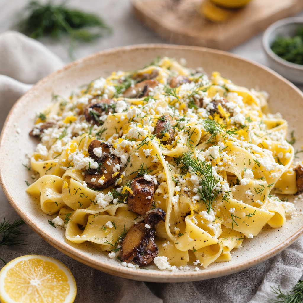 Pappardelle med svamp fetaost dill och citron