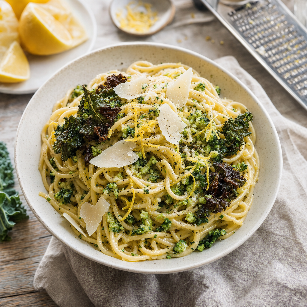 Citronpasta med broccoliflakes och krispig grönkål