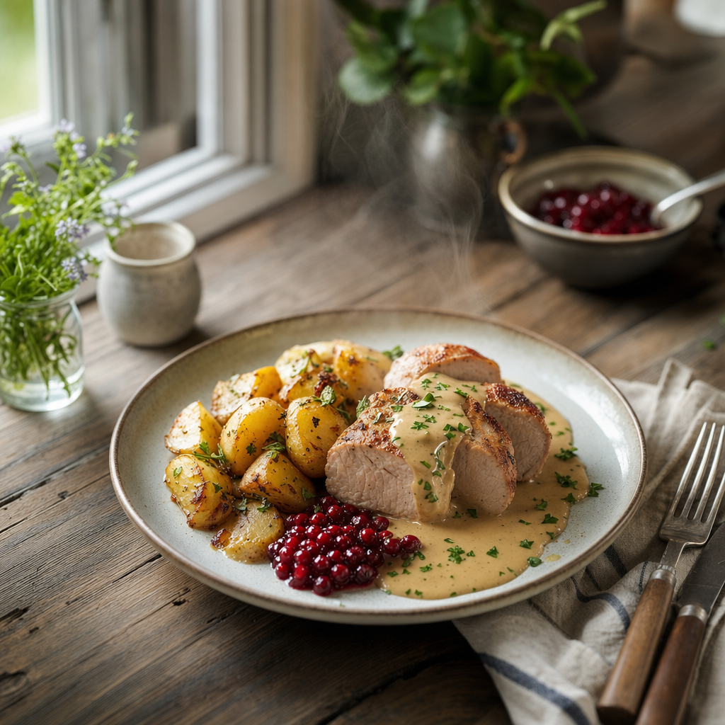 Fläskytterfilé i ugn med potatis och gräddsås