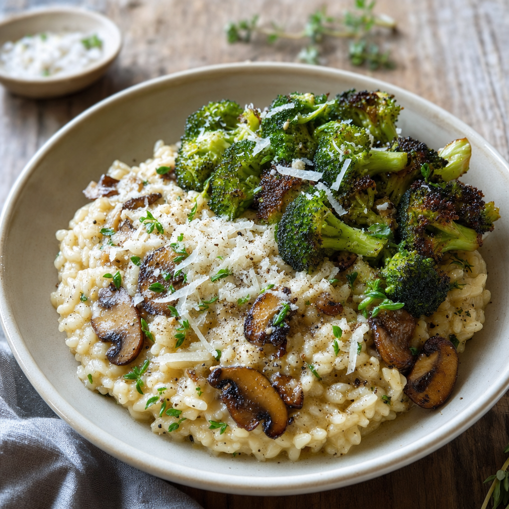 Svamprisotto med vitlöksstekt broccoli