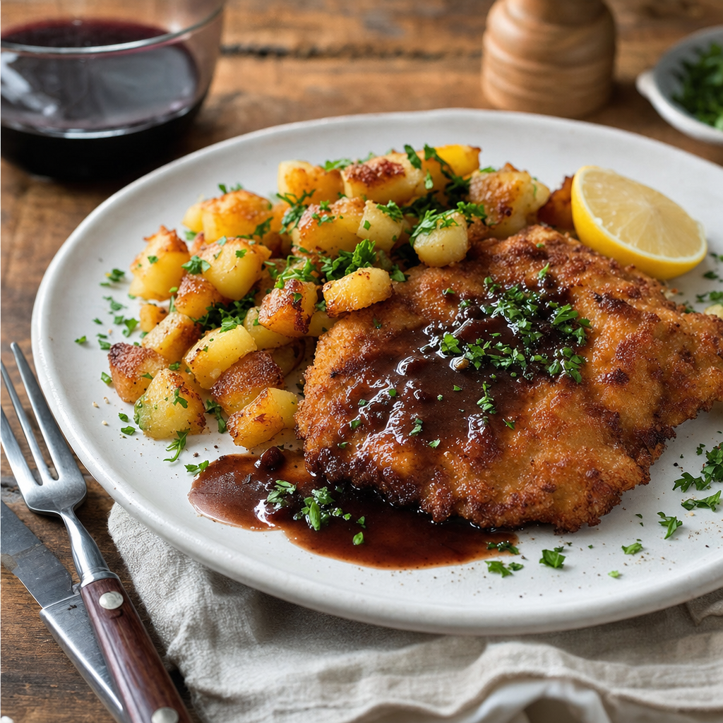 Schnitzel med smörstekta potatisar och rödvinssky