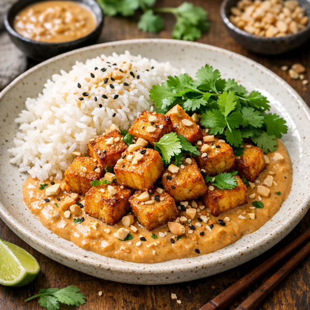 Krispig tofu i jordnötssås