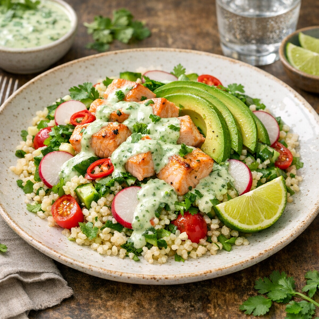 Laxsallad med avokado och korianderdressing